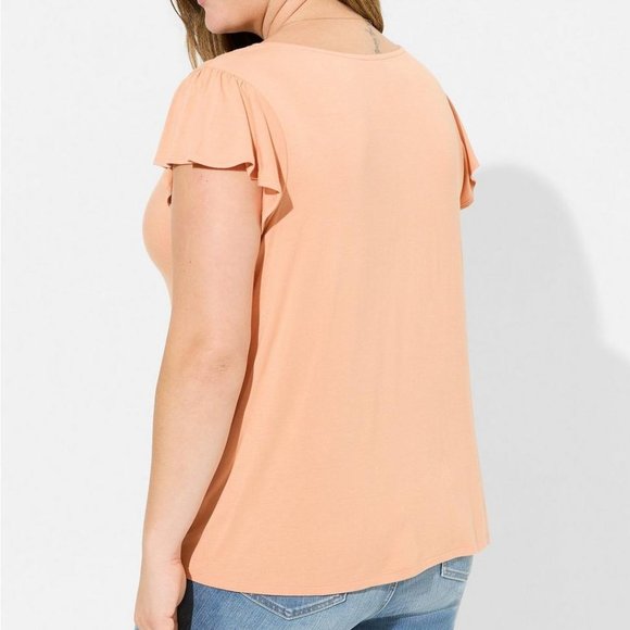 ❤NWT VINTAGE TORRID TEE - PEACH SUPER SOFT - RUFFLE SLEEVE - LACE DETAIL TOP - Picture 3 of 12